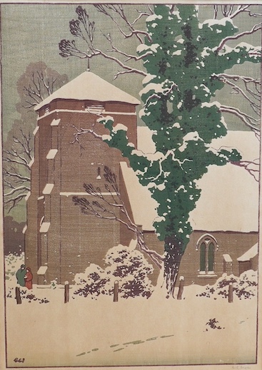 George Scott Ingles (1874-1952), colour woodcut, 'The church tower', signed and titled in pencil, 20/150, 32 x 23cm. Condition - good